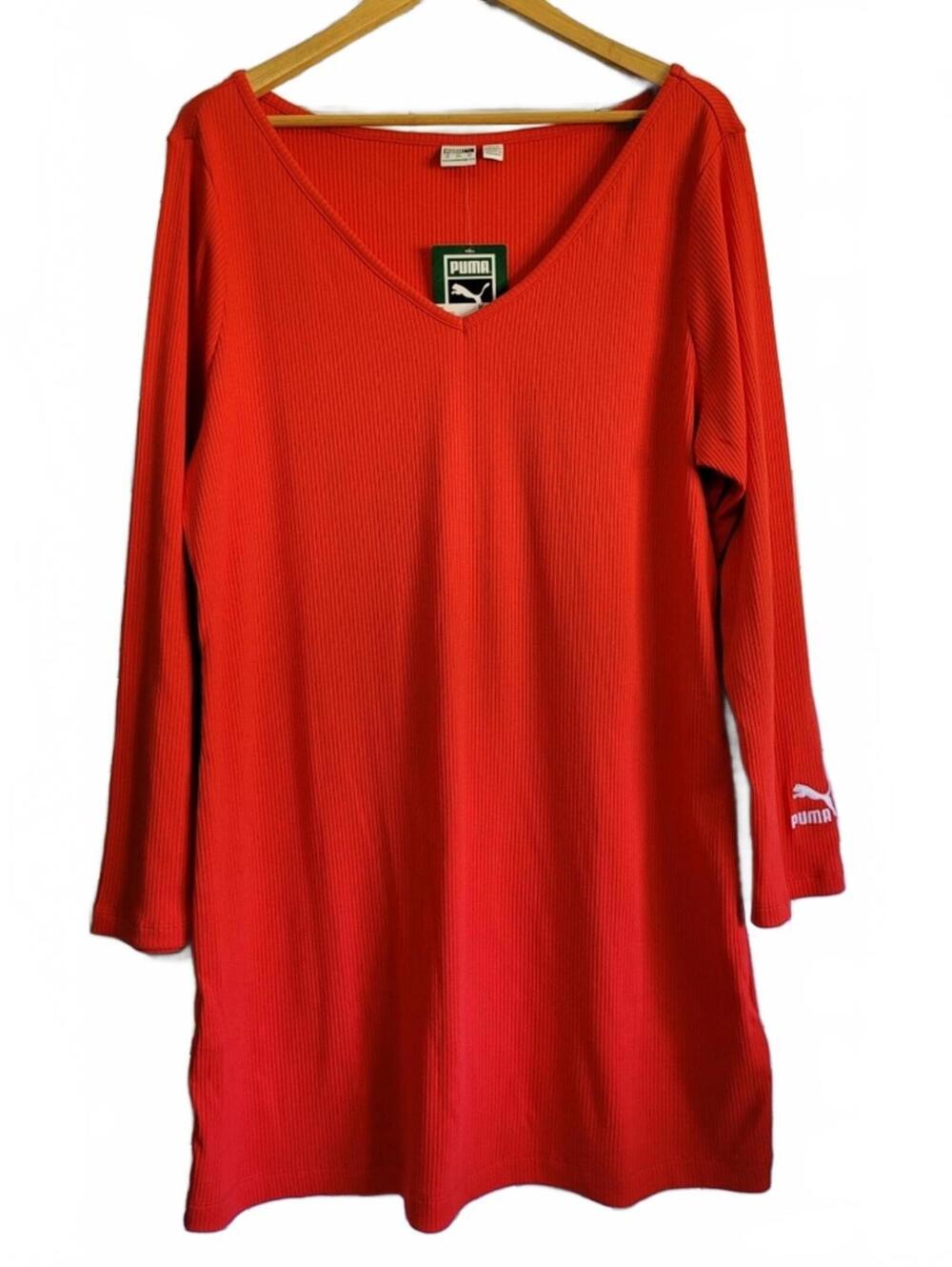 NWT PUMA Women’s Plus Size Long Sleeve Ribbed Textured  Dress V-Neck